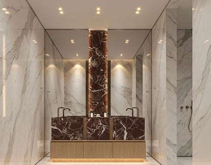 Green Marble Double Sink Vanity, Custom Oak Millwork