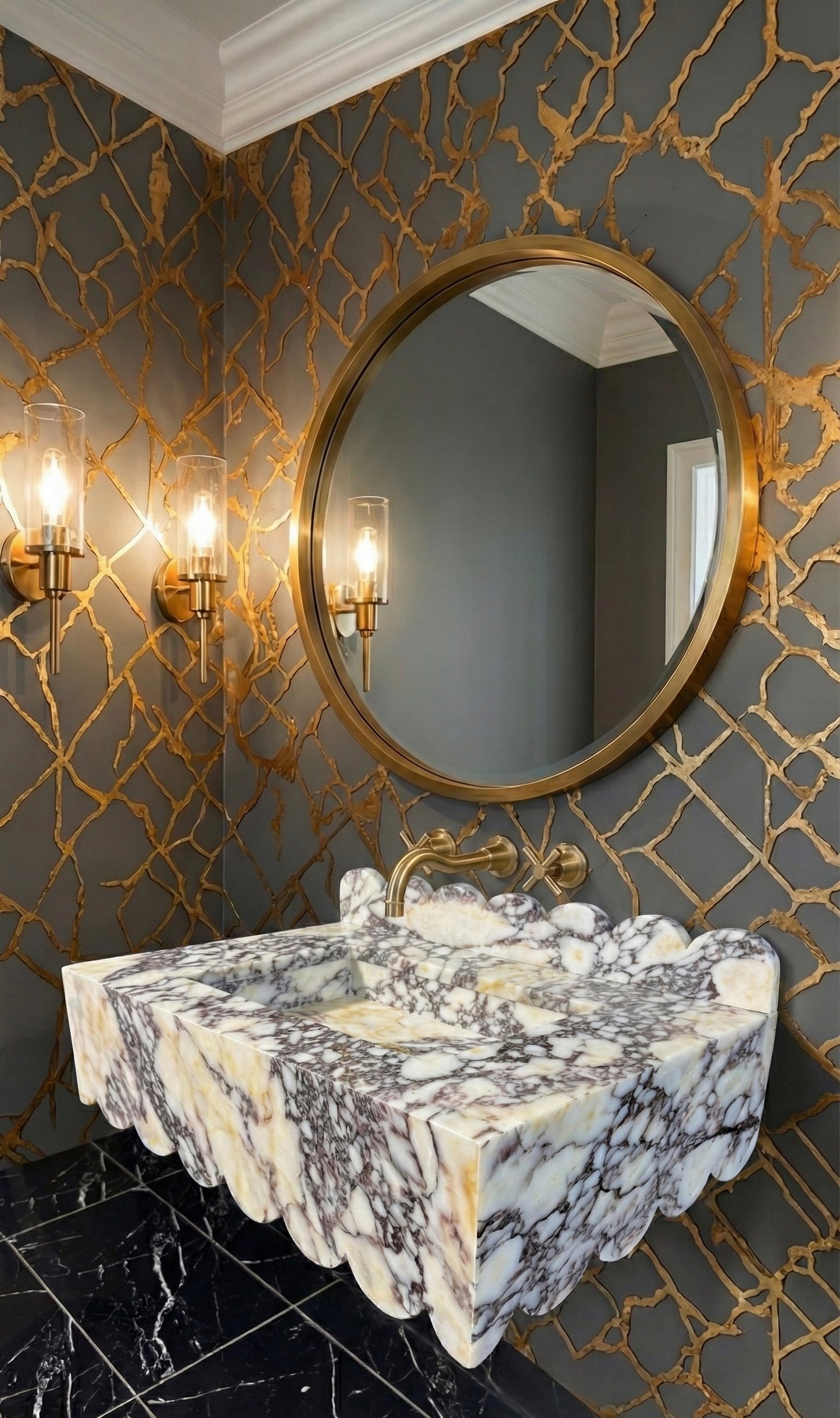 Calacatta Viola Scalloped Edge Floating Sink with Backsplash