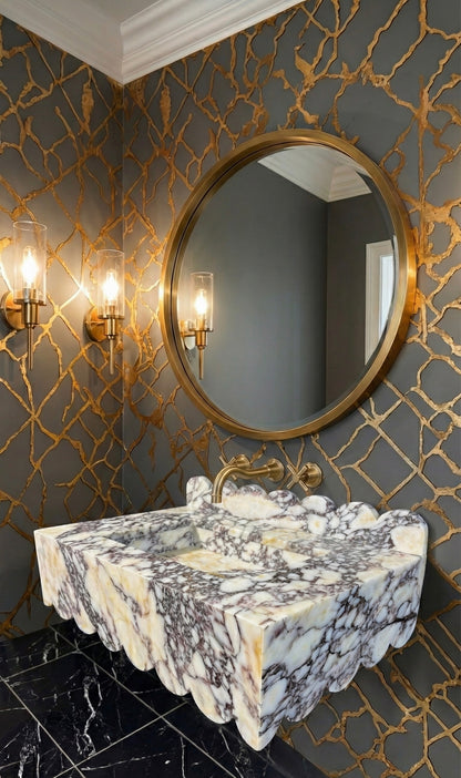 Calacatta Viola Scalloped Edge Floating Sink with Backsplash