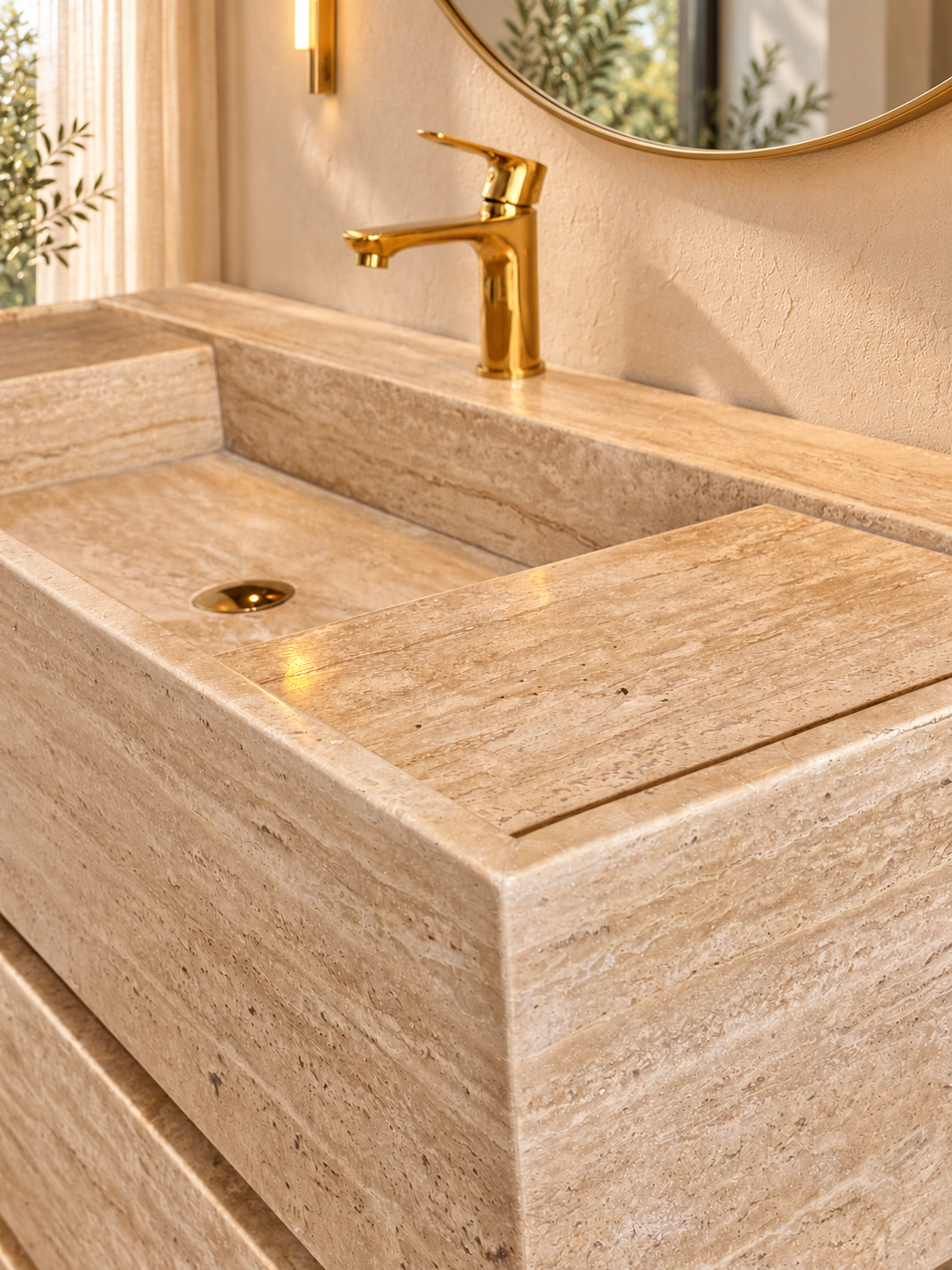 Travertine Freestanding Single Vanity with Integrated Sink & Two Drawers – 40 Inch