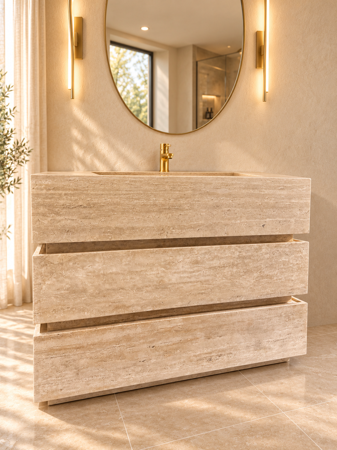 Travertine Freestanding Single Vanity with Integrated Sink & Two Drawers – 40 Inch