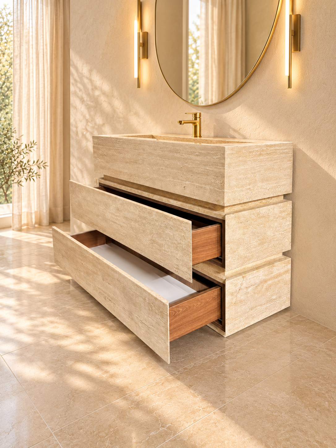 Travertine Freestanding Single Vanity with Integrated Sink & Two Drawers – 40 Inch
