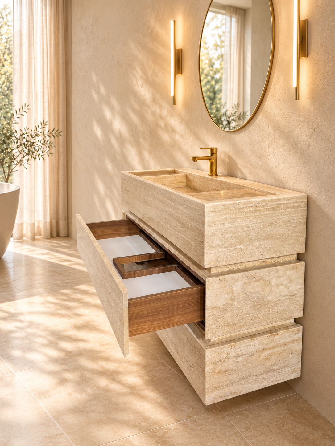 Travertine Freestanding Single Vanity with Integrated Sink & Two Drawers – 40 Inch