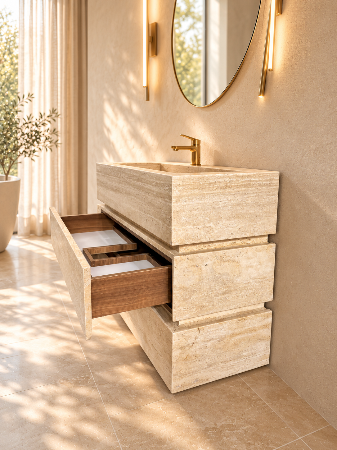 Travertine Freestanding Single Vanity with Integrated Sink & Two Drawers – 40 Inch