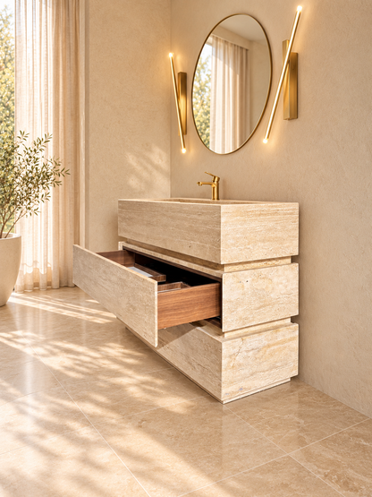 Travertine Freestanding Single Vanity with Integrated Sink & Two Drawers – 40 Inch