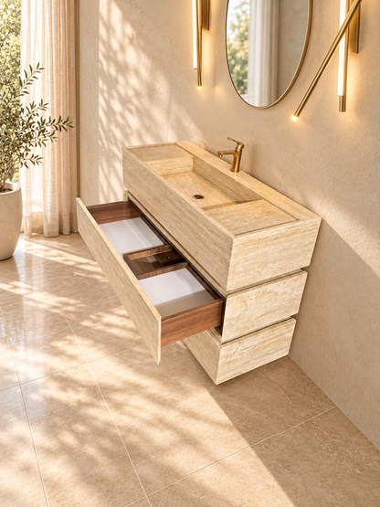 Travertine Freestanding Single Vanity with Integrated Sink & Two Drawers – 40 Inch