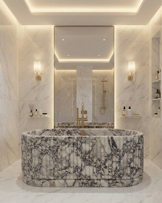 Fluted Arabescato Breccia Bathtub, Ribbed Natural Stone Bath