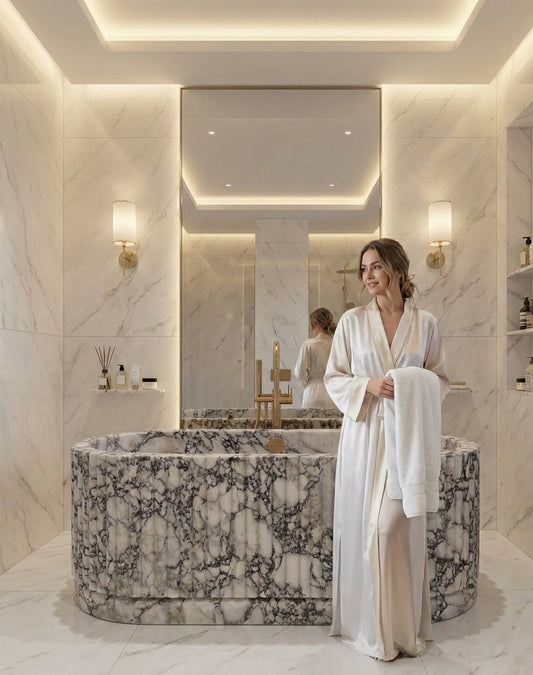 Fluted Arabescato Breccia Bathtub, Ribbed Natural Stone Bath