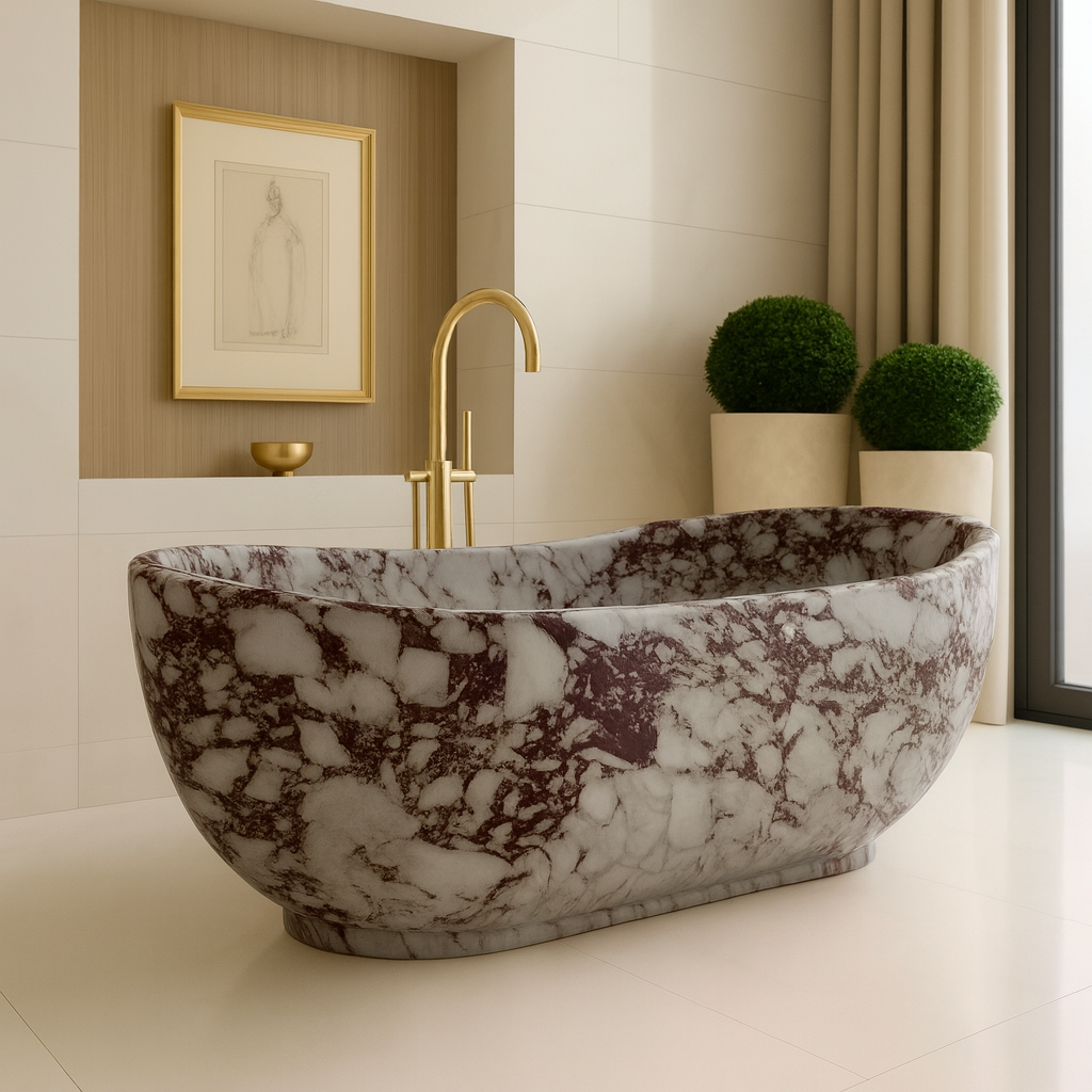 Calacatta Viola Marble Freestanding Bathtub – Luxury Italian Stone Tub with Gold Faucet