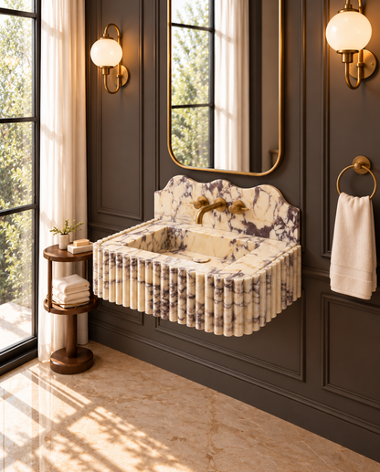 Arabescato Viola fluted marble wall-mounted sink with scalloped backsplash in a luxury powder room