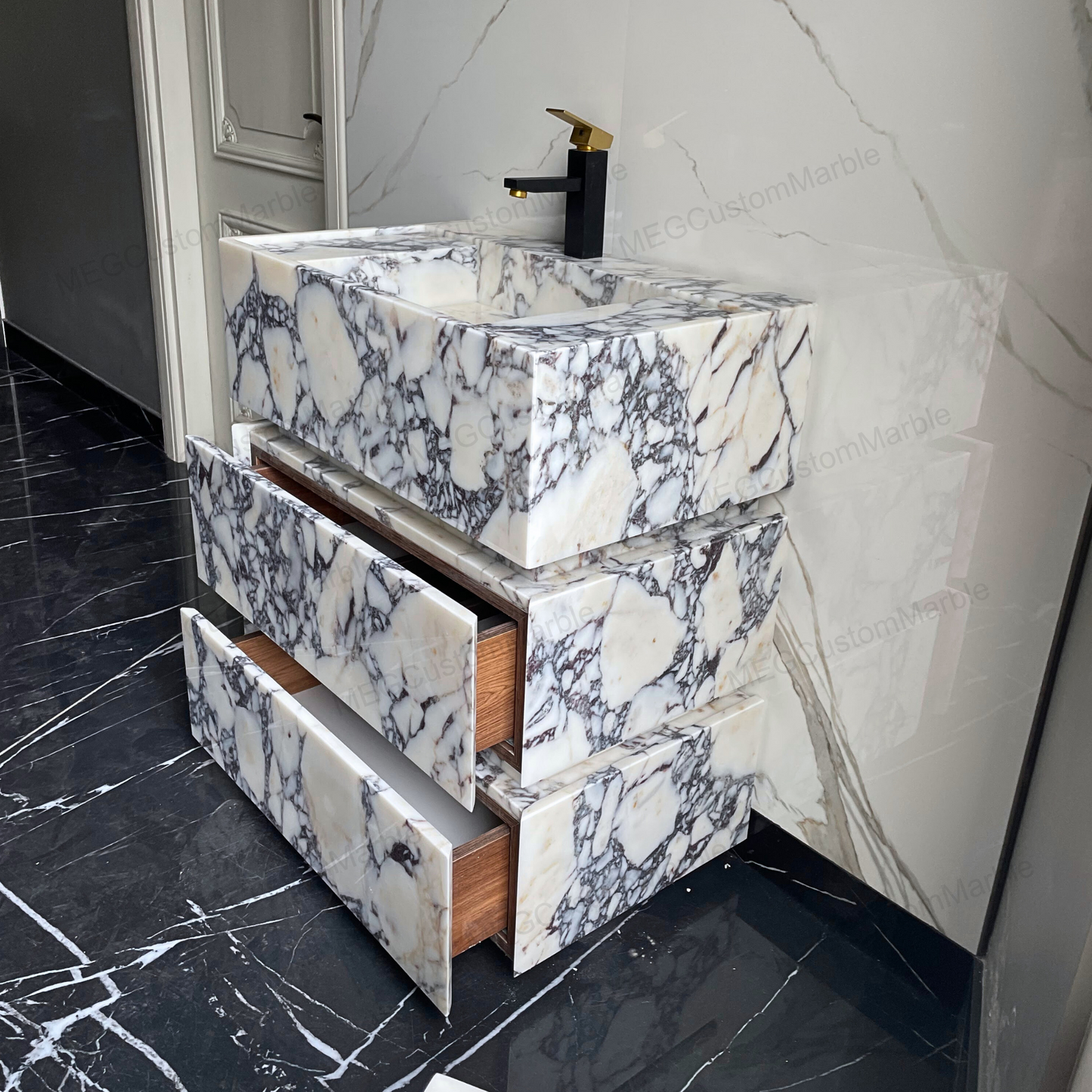 Freestanding Vanity Unit with marle drawers Calacatta Viola Marble Purple/ Gray Veins