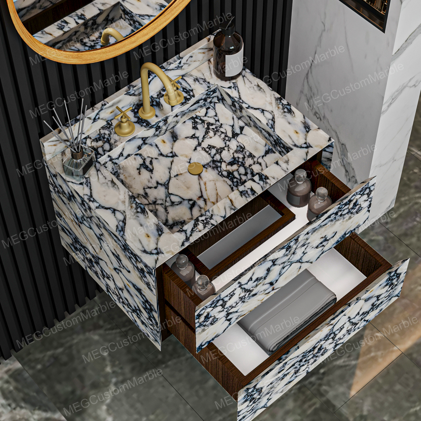 Modern Bathroom Calacatta Marbe Vanity Sink, Wall Mount Marble Cabinet