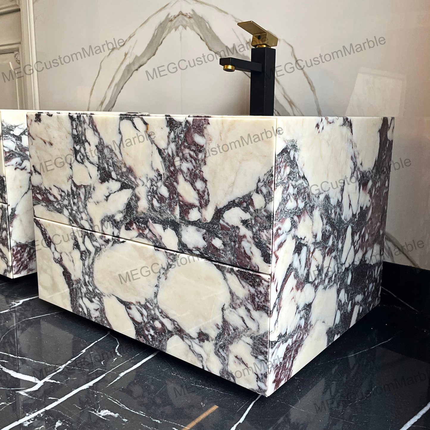 Calacatta Marble Vanity Sink, Functional Marble Drawers Customizable Dimensions