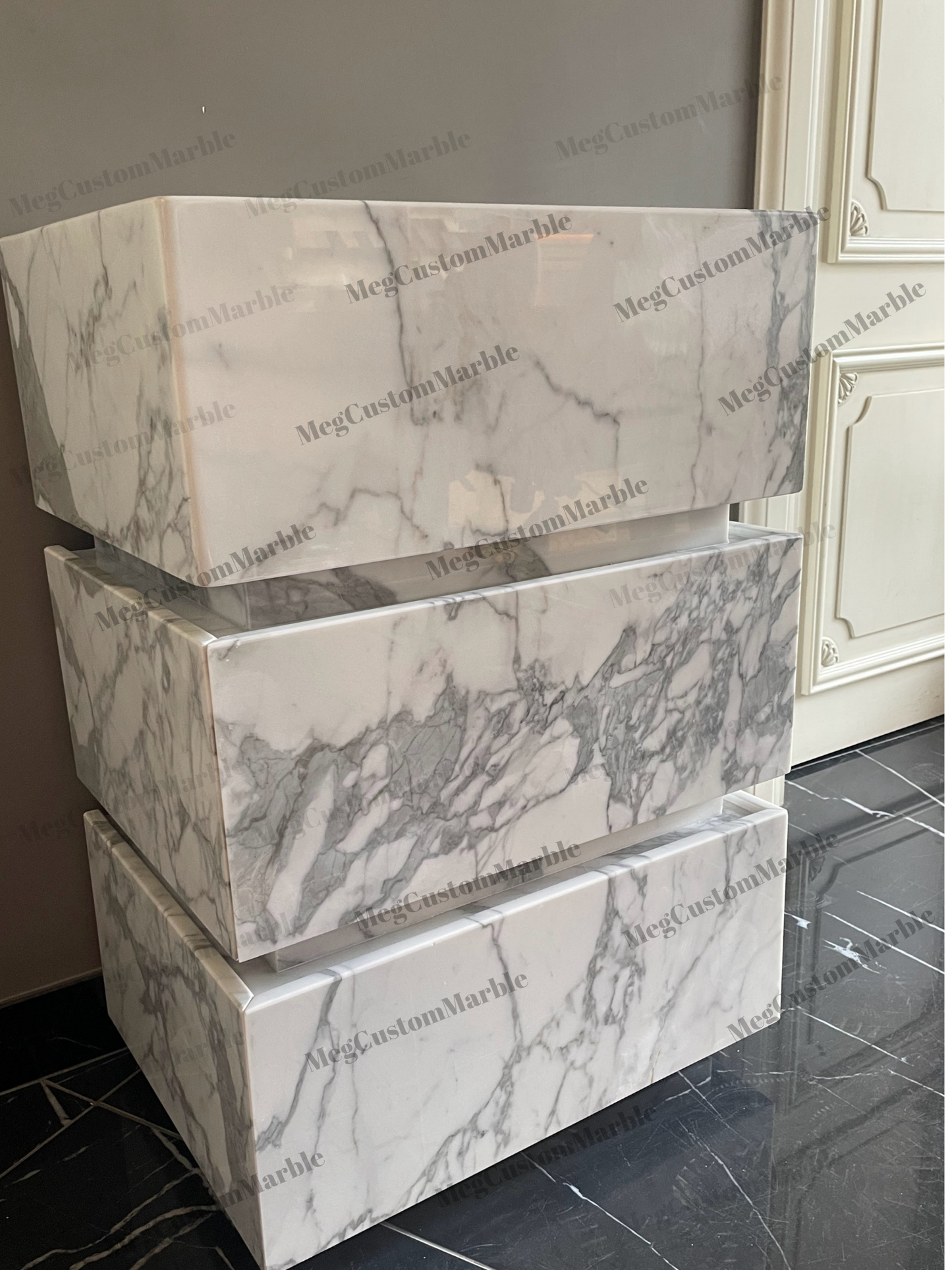 Carrara White Marble Bathroom on Floor Vanity Unit with marle drawers