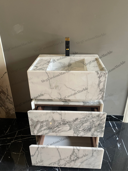 Carrara White Marble Bathroom on Floor Vanity Unit with marle drawers