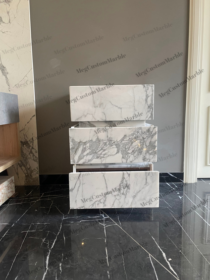 Carrara White Marble Bathroom on Floor Vanity Unit with marle drawers