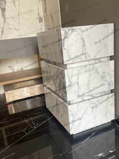 Carrara White Marble Bathroom on Floor Vanity Unit with marle drawers