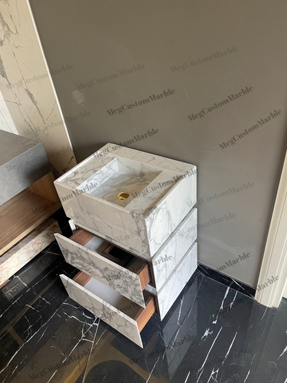 Carrara White Marble Bathroom on Floor Vanity Unit with marle drawers