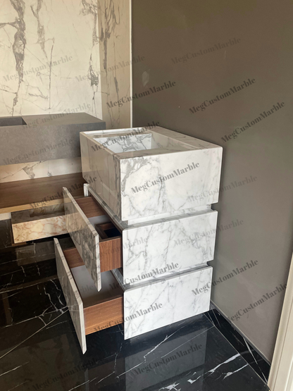 Carrara White Marble Bathroom on Floor Vanity Unit with marle drawers