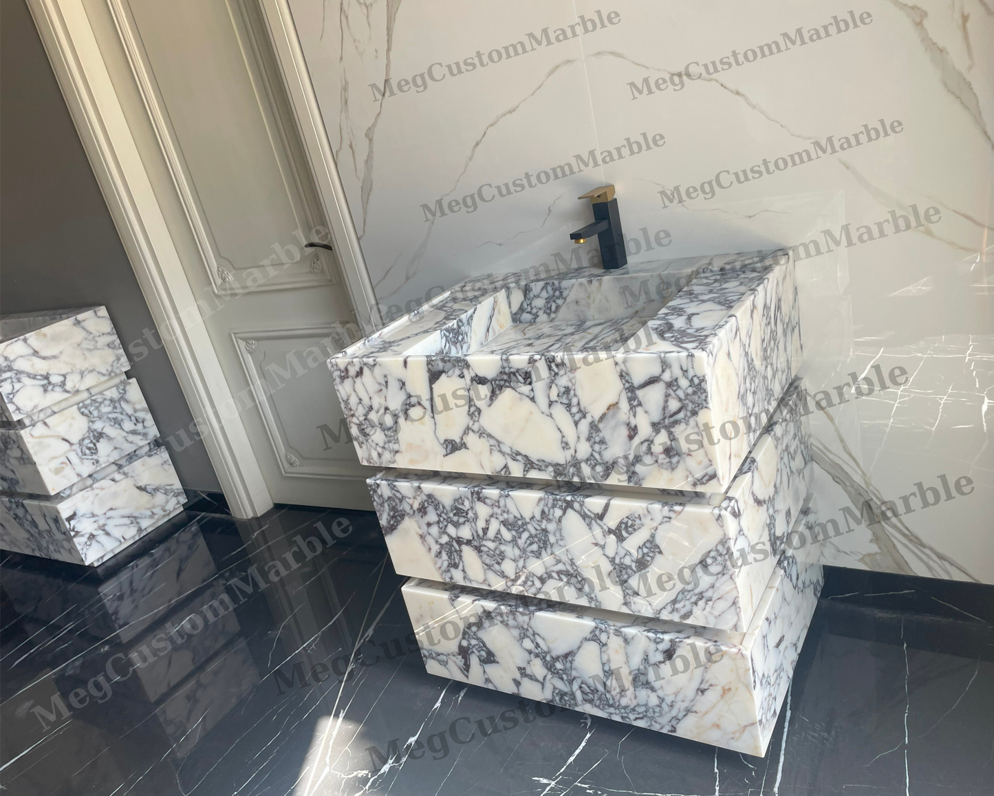 Made to-order Freestanding Vanity Unit with marle drawers Calacatta Viola Marble Purple/ Gray Veins