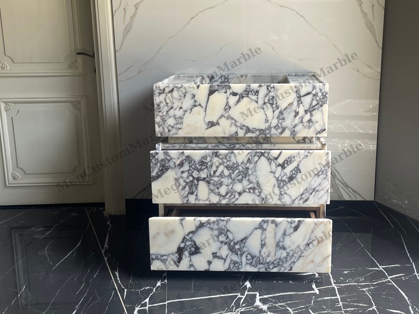 Made to-order Freestanding Vanity Unit with marle drawers Calacatta Viola Marble Purple/ Gray Veins