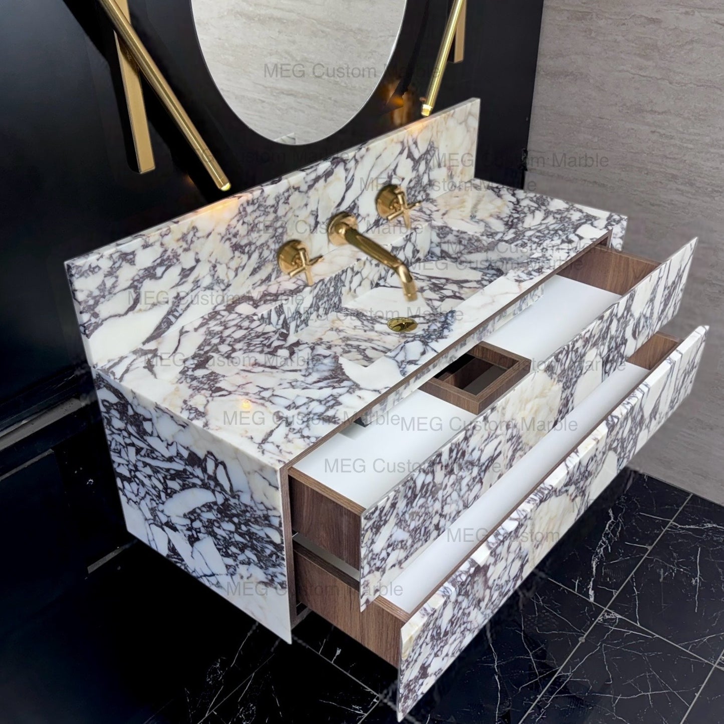 Floating Marble Vanity Sink Calacatta Marble, Powder Room Vanity with two Marble drawer