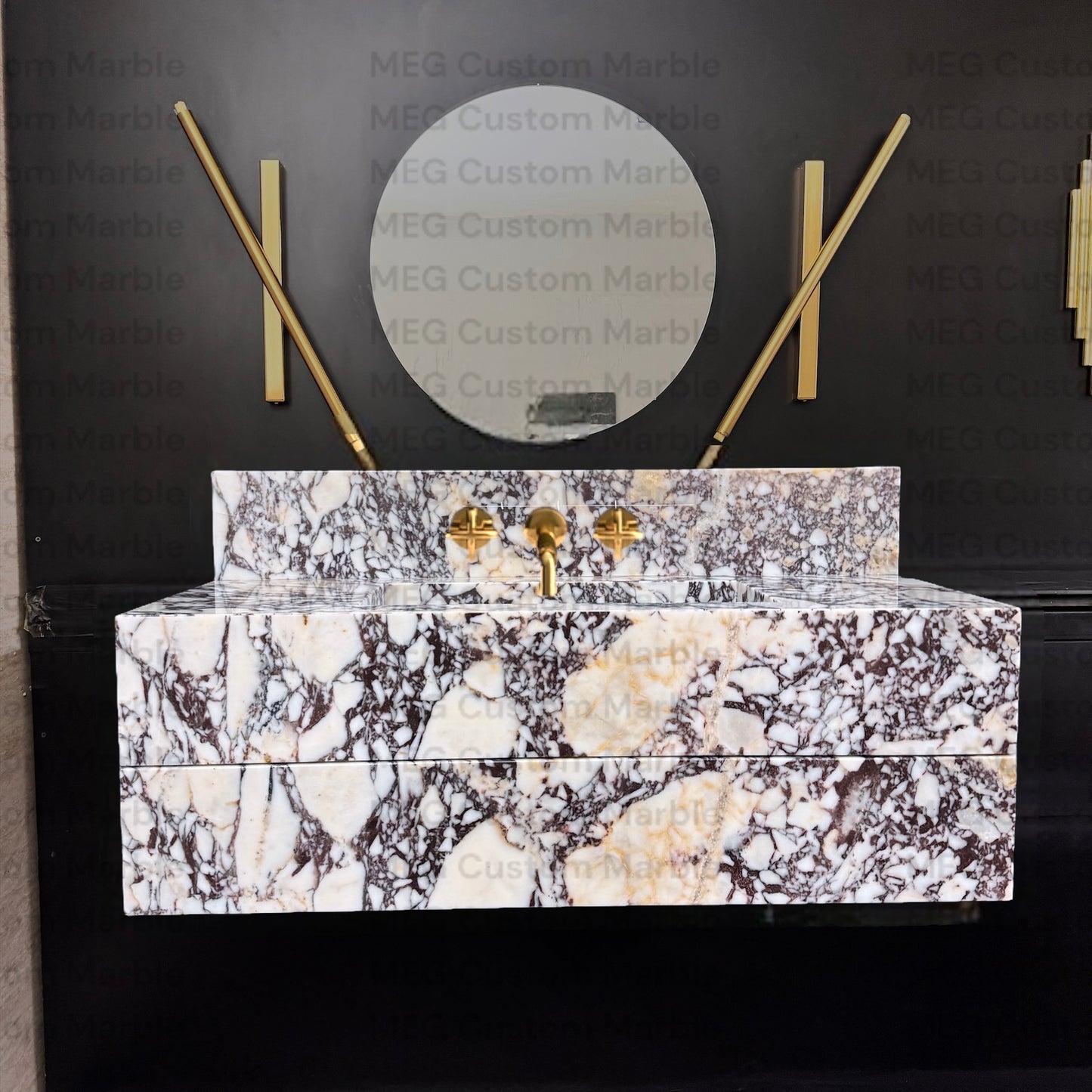 Floating Marble Vanity Sink Calacatta Marble, Powder Room Vanity with two Marble drawer