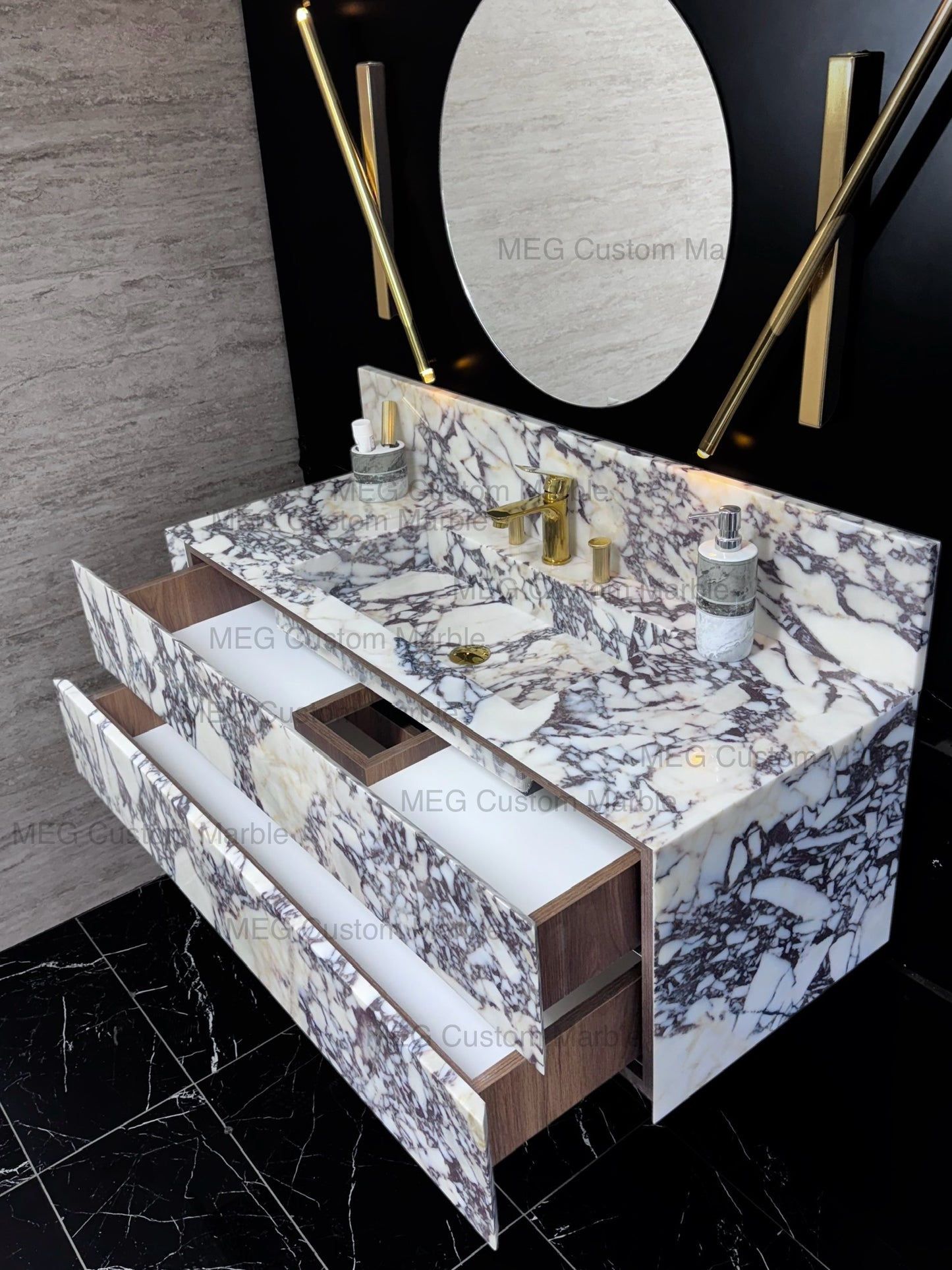 Floating Marble Vanity Sink Calacatta Marble, Powder Room Vanity with two Marble drawer