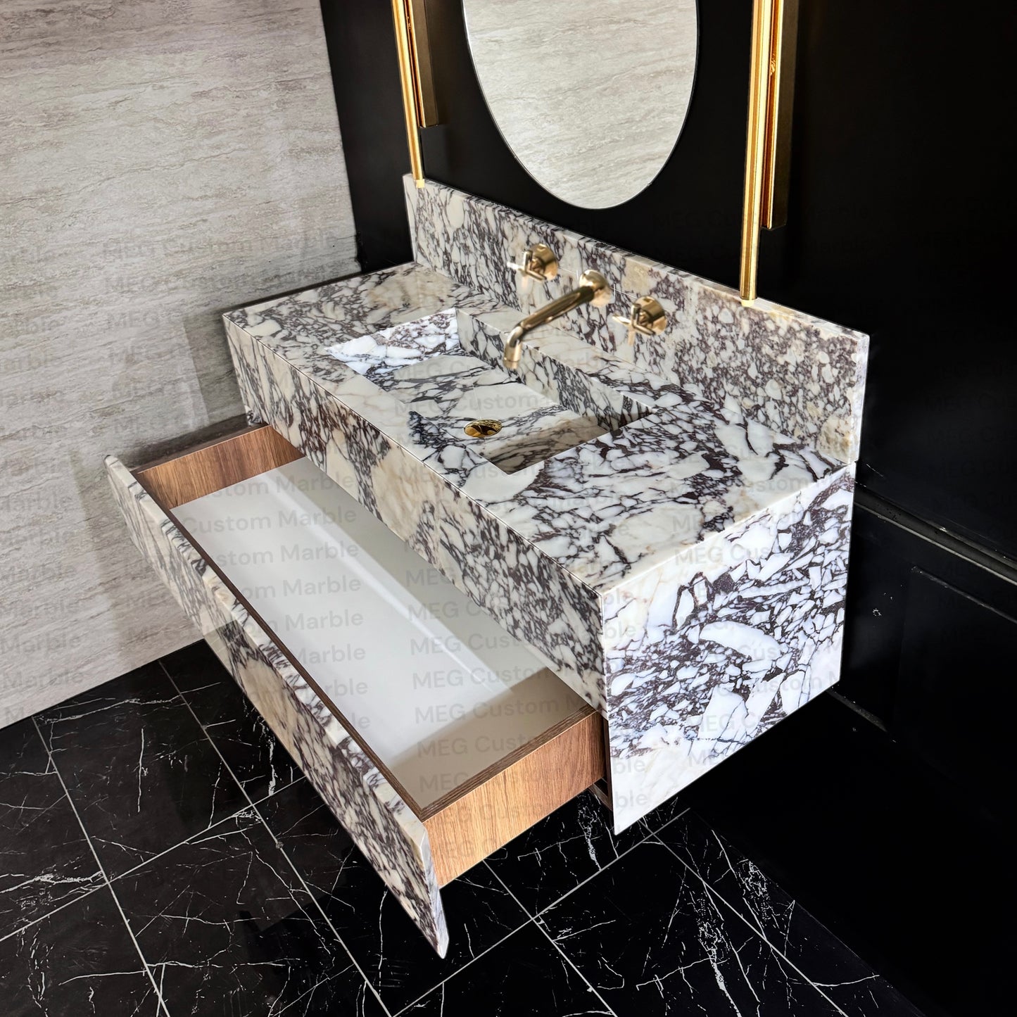 Floating Marble Vanity Sink Calacatta Marble, Powder Room Vanity with two Marble drawer