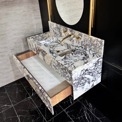 Floating Marble Vanity Sink Calacatta Marble, Powder Room Vanity with two Marble drawer