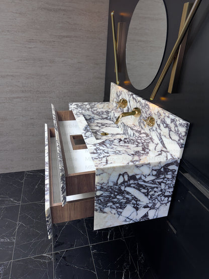 Floating Marble Vanity Sink Calacatta Marble, Powder Room Vanity with two Marble drawer