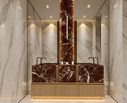 Rosso Levanto marble double sink vanity with oak wood cabinet in a luxury hotel style bathroom interior
