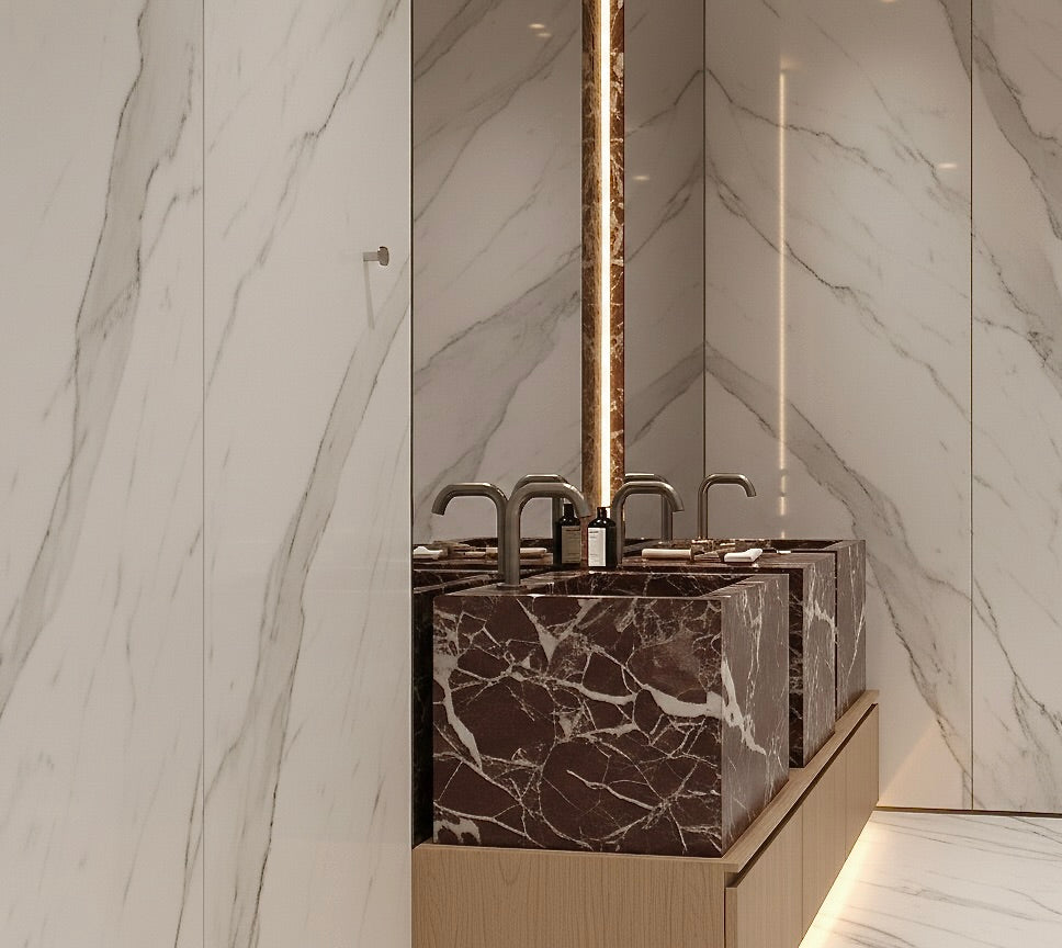 Rosso Levanto marble double sink vanity with oak wood cabinet in a luxury hotel style bathroom interior