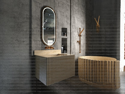 Wall Mount Travertine Stone Vanity Unit with Stone Drawers and Integrated Sink