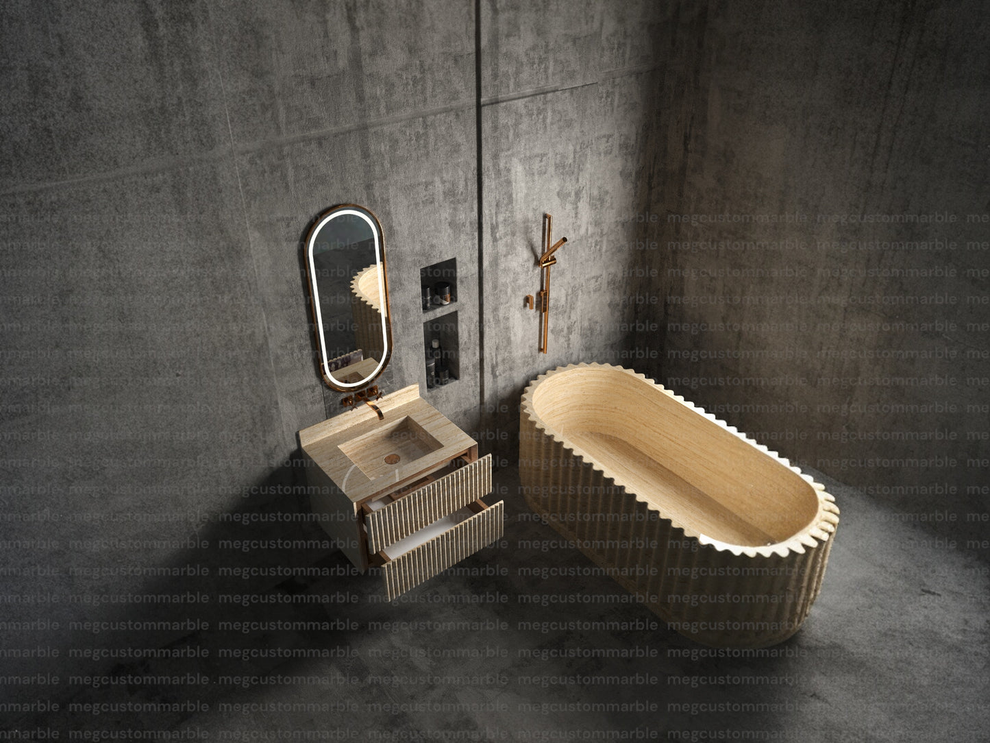 Wall Mount Travertine Stone Vanity Unit with Stone Drawers and Integrated Sink