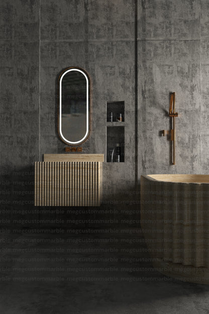 Wall Mount Travertine Stone Vanity Unit with Stone Drawers and Integrated Sink