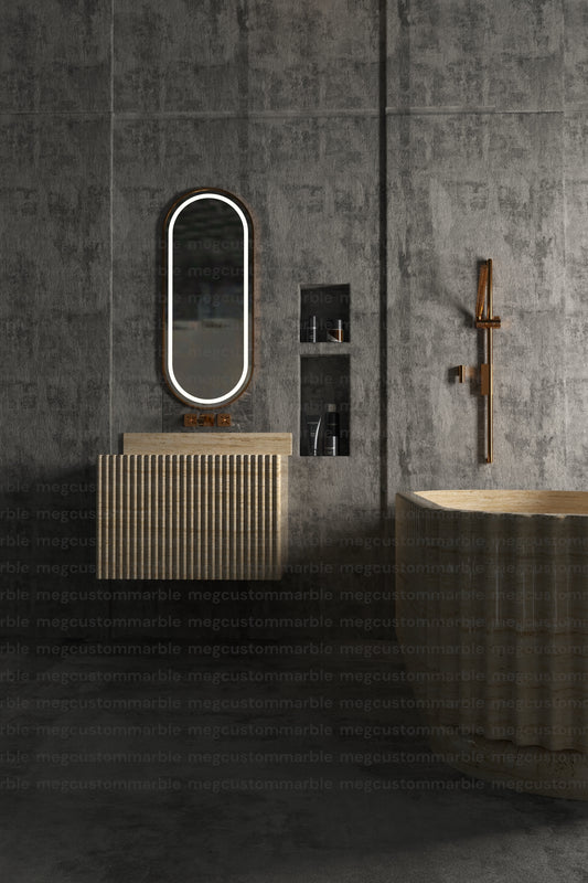 Wall Mount Travertine Stone Vanity Unit with Stone Drawers and Integrated Sink