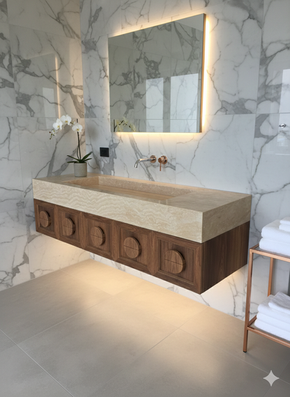Floating Walnut Double Sink Vanity with Natural Stone Top | Organic Modern Luxury Bathroom Vanity