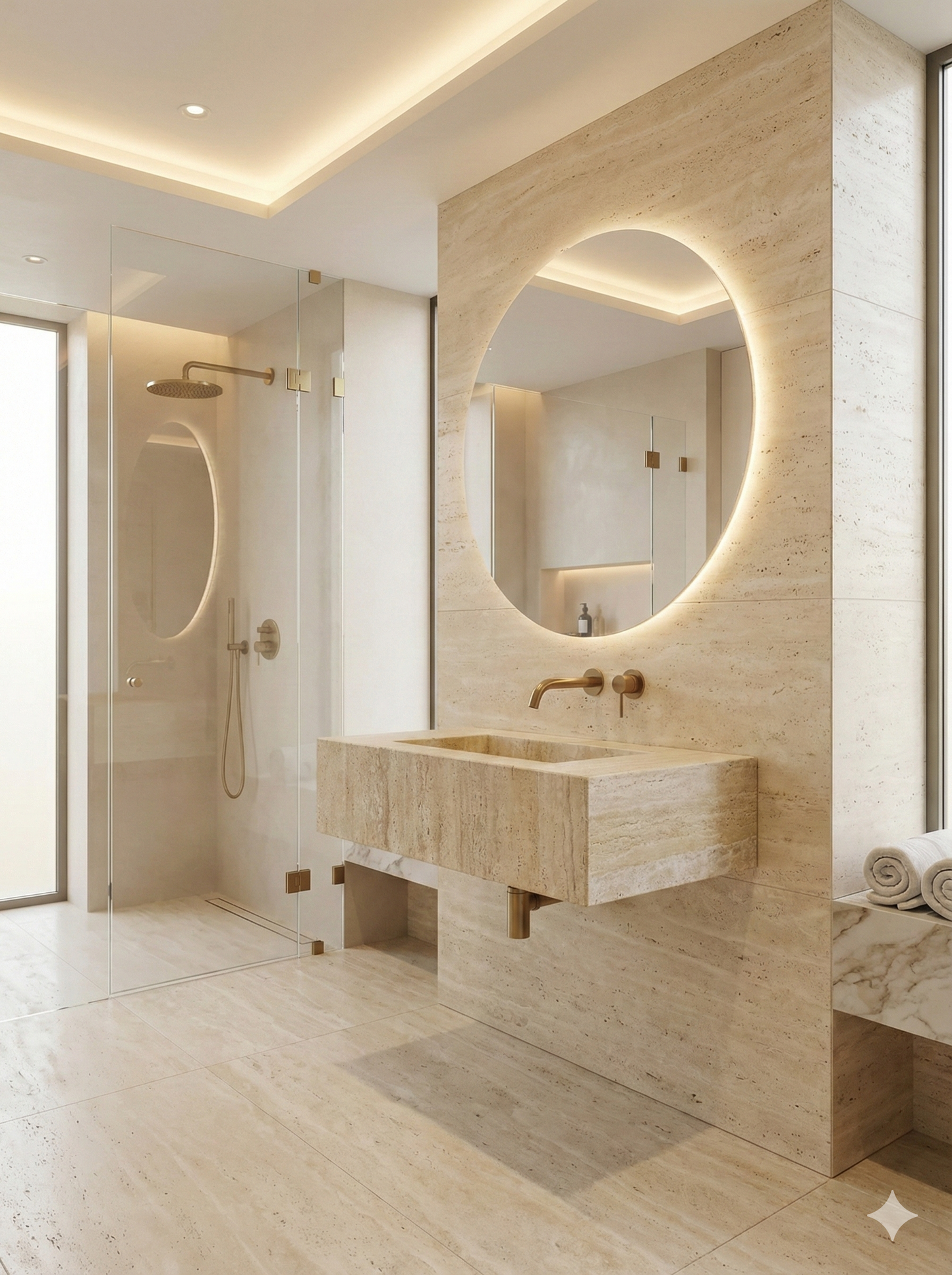 Custom Travertine Floating Vanity with Integrated Sink | Honed Beige Natural Stone