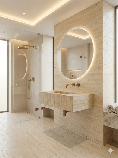 Custom Travertine Floating Vanity with Integrated Sink | Honed Beige Natural Stone