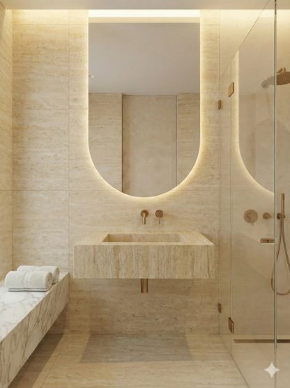 Custom Travertine Floating Vanity with Integrated Sink | Honed Beige Natural Stone