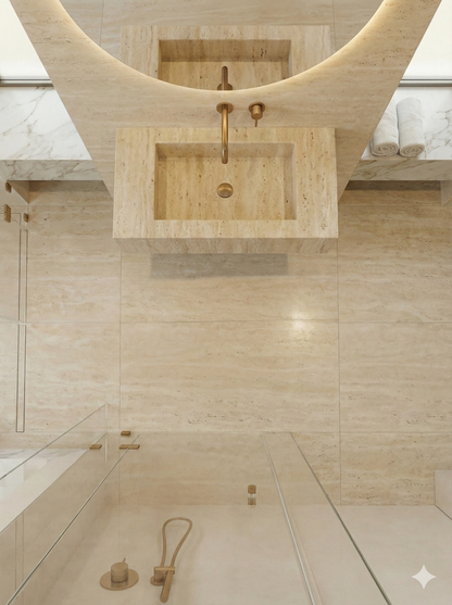 Custom Travertine Floating Vanity with Integrated Sink | Honed Beige Natural Stone
