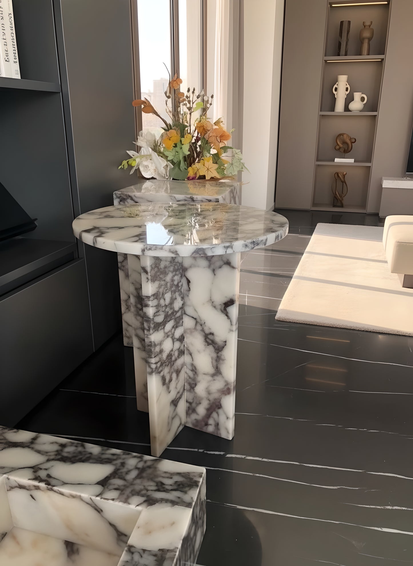 Luxury Calacatta Viola Marble Round Side Table – Handmade Pedestal Design