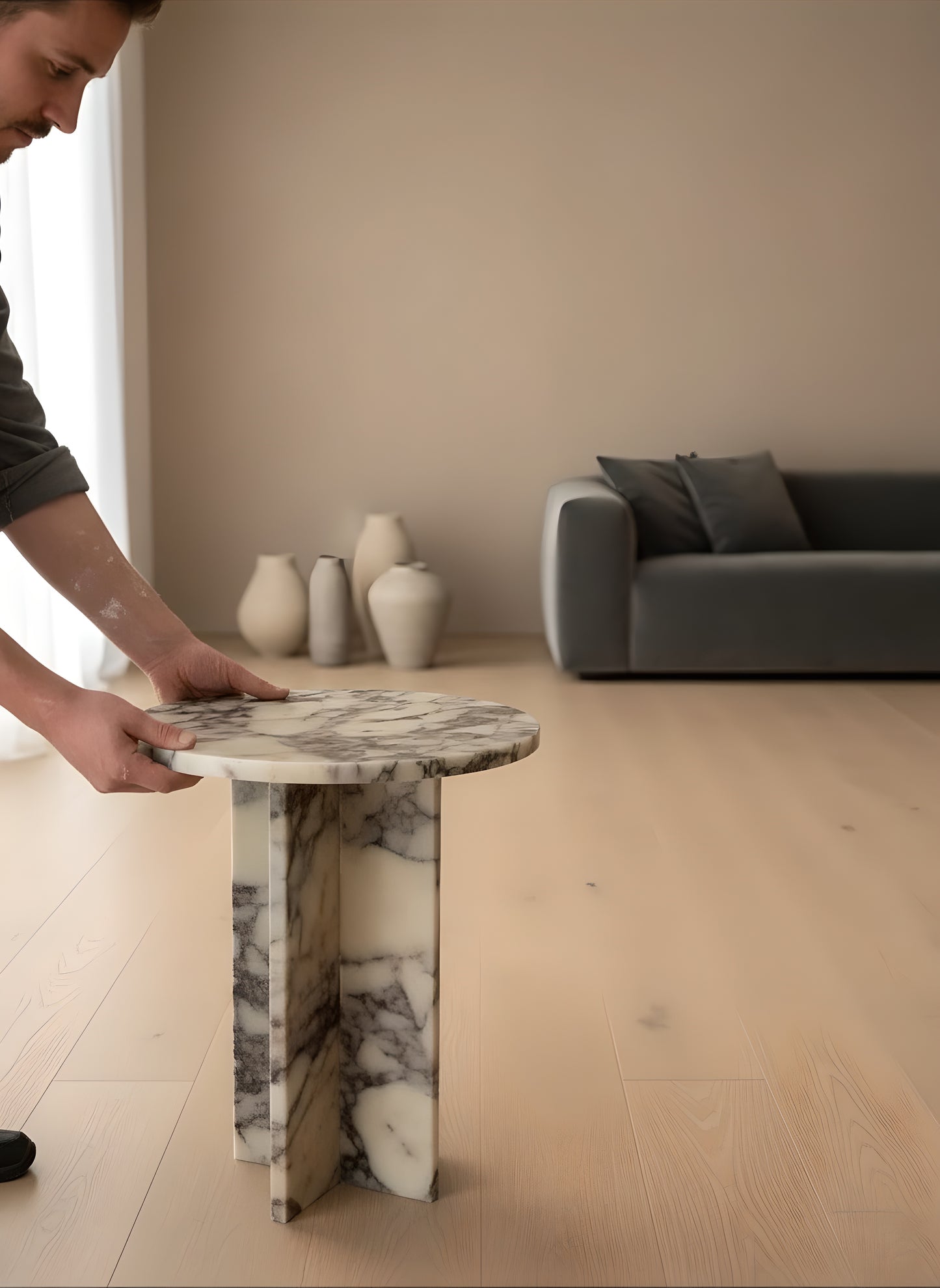 Luxury Calacatta Viola Marble Round Side Table – Handmade Pedestal Design