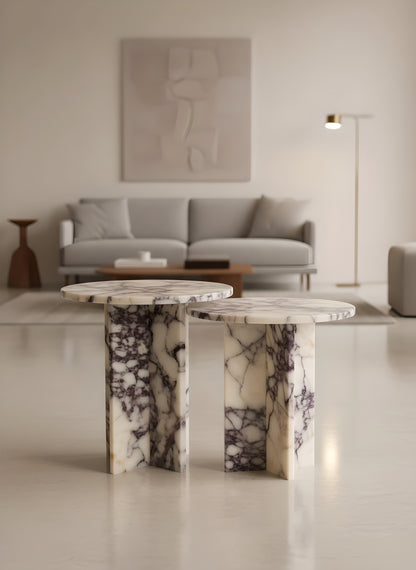 Luxury Calacatta Viola Marble Round Side Table – Handmade Pedestal Design