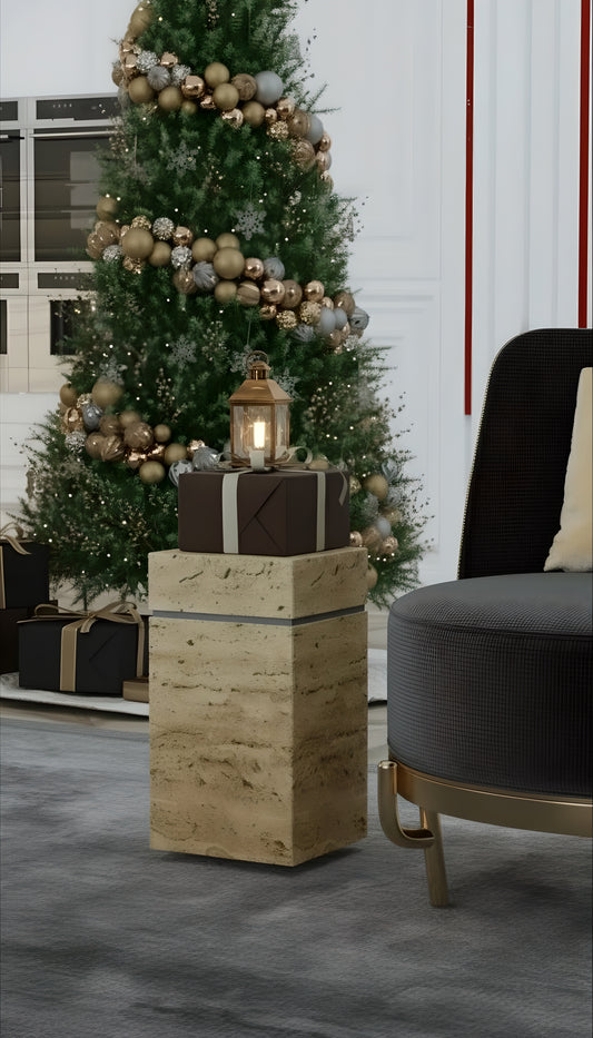 Travertine Marble Side Table – Natural Stone Pedestal for Luxury Interiors