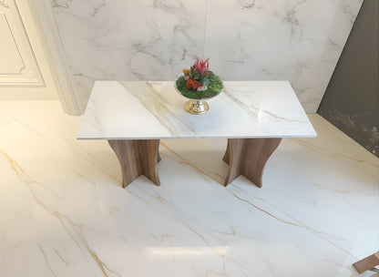 White Marble Console Table with Solid Wood Legs – Modern Entryway Design