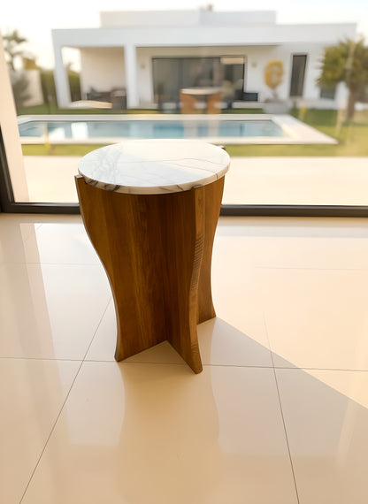 Handmade Calacatta Marble & Walnut Sculptural Side Table