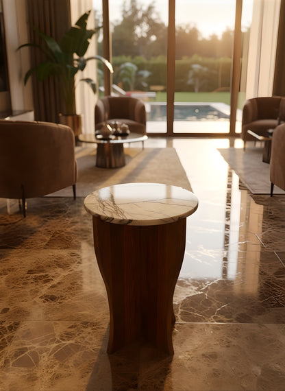 Handmade Calacatta Marble & Walnut Sculptural Side Table