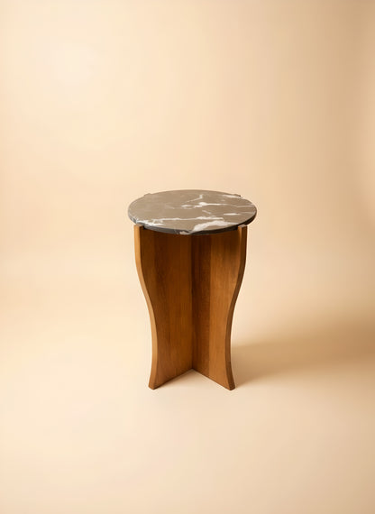 Nero Marquina Marble & Walnut Sculptural Side Table – Modern Handmade Accent Table for Living Room